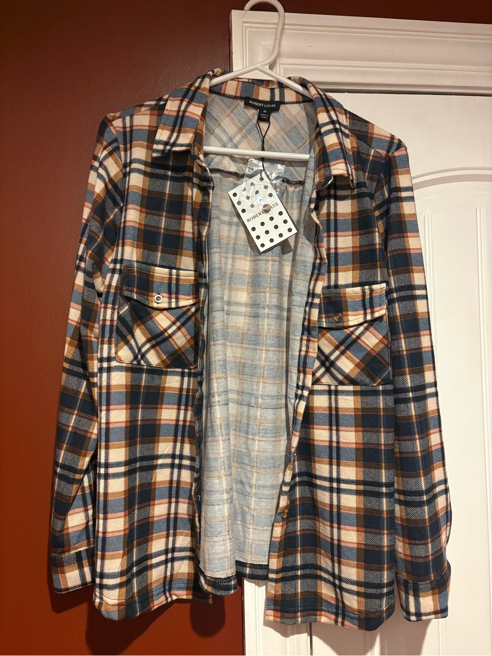 Robert Louis Plaid Button-Down Shirt Jacket in Navy, Brown & Cream NWT